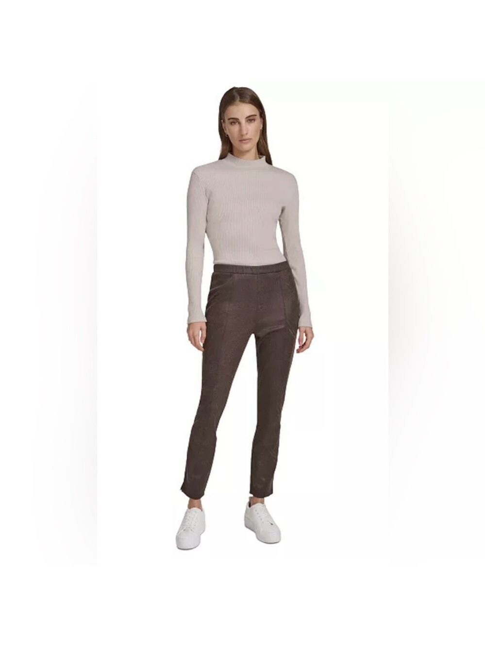 Andrew Marc Pintuck Skinny Faux Suede Pants in Walnut - Picture 1 of 9
